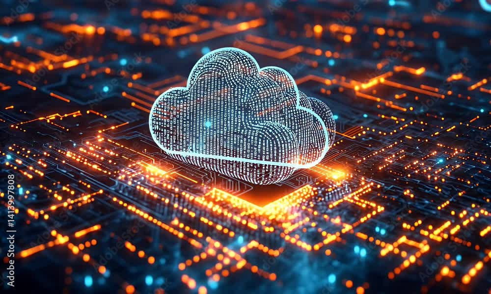 Aufkleber cloud computing technology visualized on a circuit board