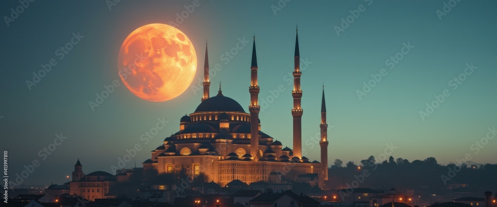 Poster stunning mosque illuminated at night with a huge full moon, creating a serene and ethereal atmospher