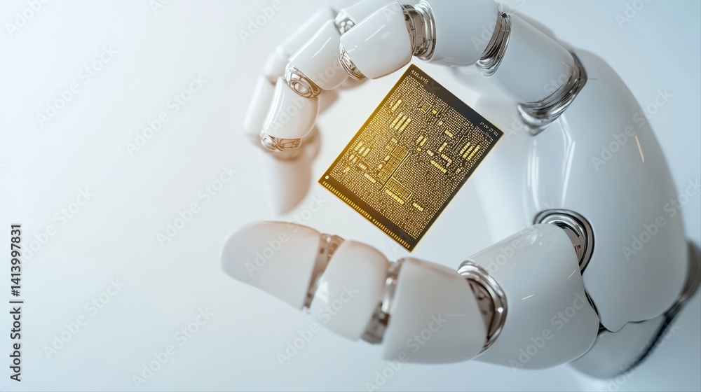 Poster robotic hand holding microchip with circuit design close-up