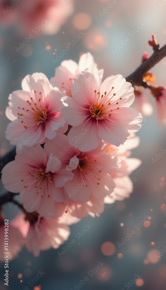 Poster cherry blossoms in full bloom with delicate pink petals and golden stamens on a branch, illuminated 