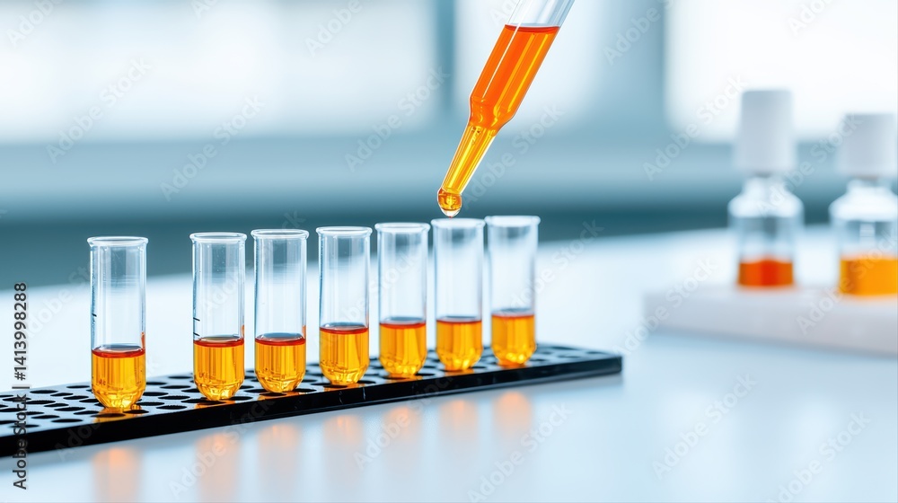 Poster laboratory workflow with pipette and test tubes for chemical analysis