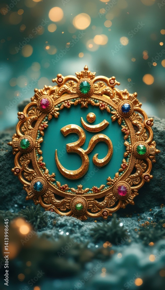 Poster ornate gold hindu om symbol with gemstones resting on textured surface and bokeh background