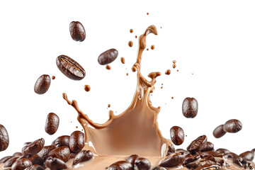 Obraz premium a dynamic splash of chocolate liquid surrounded by coffee beans emphasizing the rich and indulgent nature of coffee and chocolate it captures the essence of a delightful beverage experience