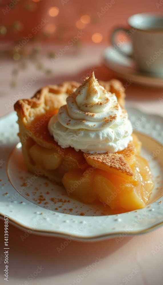 Poster slice of apple pie with whipped cream and cinnamon on decorative plate