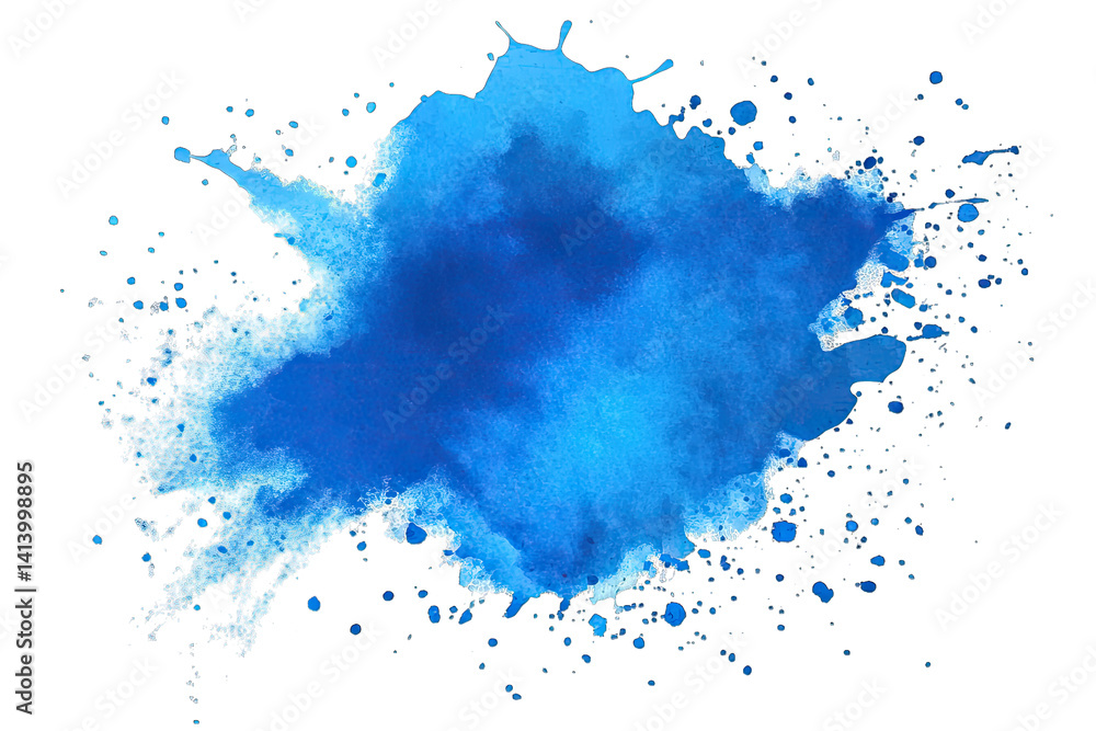 Poster a vibrant blue watercolor splash characterized by various shades of blue and splatters creating an a