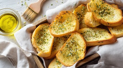 Rustic Garlic Bread on Linen Tray with Olive Oil Brush, Bright Natural Light