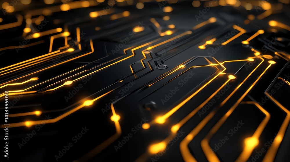 Poster intricate circuit board design with glowing orange lines and patterns
