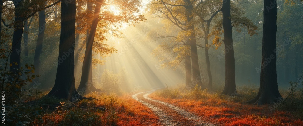 Poster sun-drenched path through autumn forest: a serene landscape with golden light and tranquil atmospher
