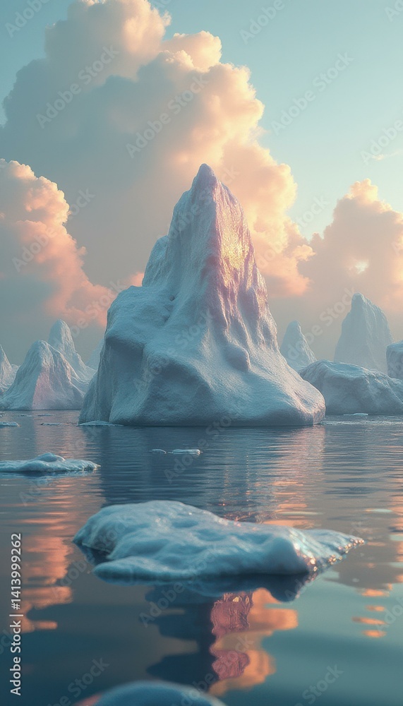 Poster icebergs float in a calm sea at sunset, with reflections of the pink and orange clouds, creating a s
