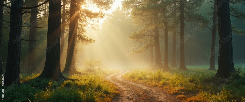 Poster forest path winds through sunlit trees, creating a serene and enchanting landscape with golden light