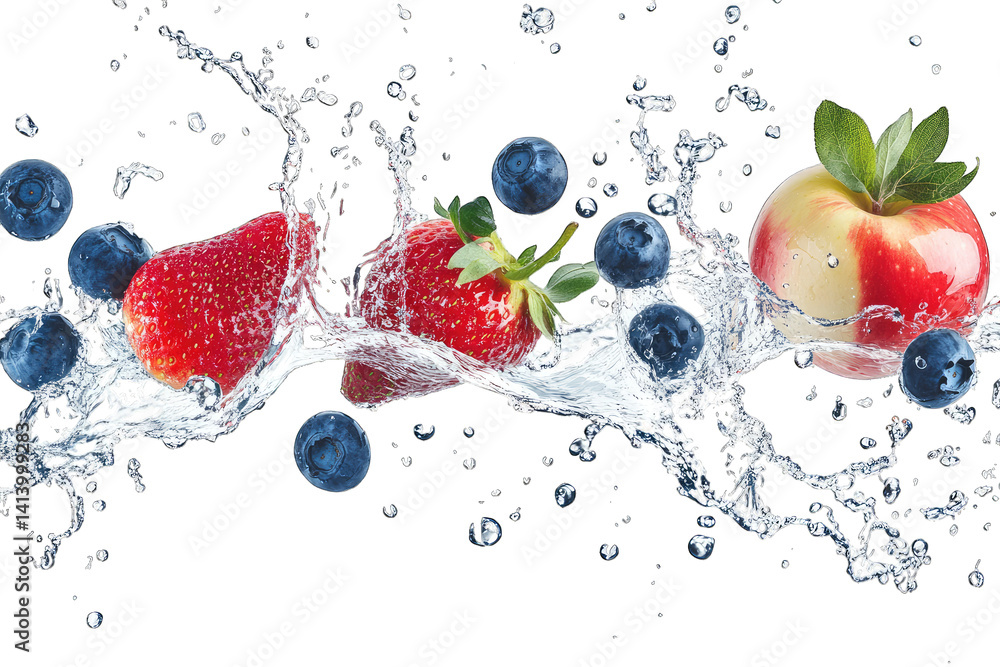 Poster fresh strawberries blueberries and an apple splashing in water emphasizing the freshness and vibranc