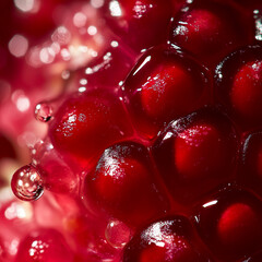 The macro view zooms in on the jewel-like arils of a pomegranate, their ruby-red translucence glisten