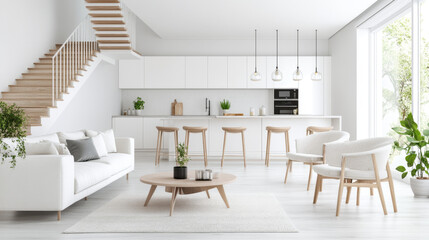 Modern minimalist white living room and kitchen interior design with wooden staircase and light wood furniture
