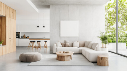 Modern Minimalist Living Room Interior Design with Open Kitchen and Large Window