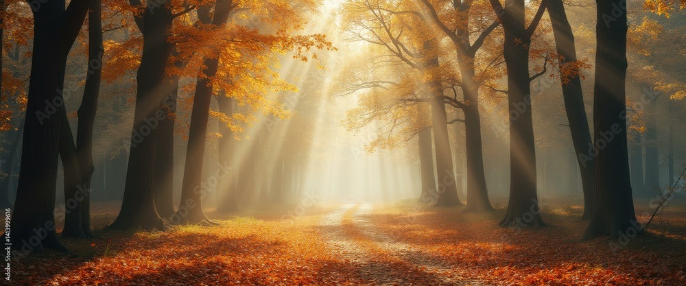 Poster atmospheric forest path in autumn with light rays and mist, warm golden foliage and a mystical, scen