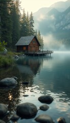 Obraz premium Serene Lakeside Cabin Amidst Misty Mountains at Sunset - A Tranquil Nature Retreat Scene
