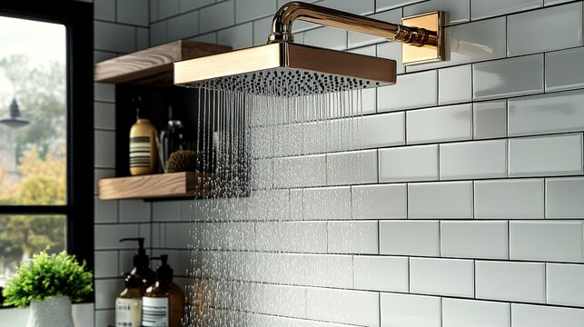 Elegant square rainfall shower head in brushed gold finish mounted on ceiling