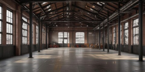 Naklejka premium Industrial loft interior High ceilings, exposed ductwork, metal beams , building interior, background, open plan