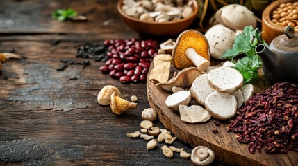 Fototapeta premium Stocked Food Inventory Asian concept. Assortment of Mushrooms Beans and Rice on Dark Wooden Table