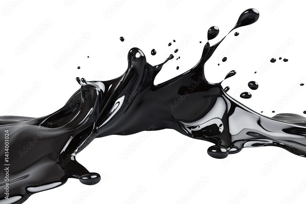 Poster dynamic splash of black liquid showcasing fluid motion and texture against a clean white background 