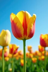 Fototapeta premium Tulips with bright yellow and red petals against a clear blue sky, field, landscape, tulips