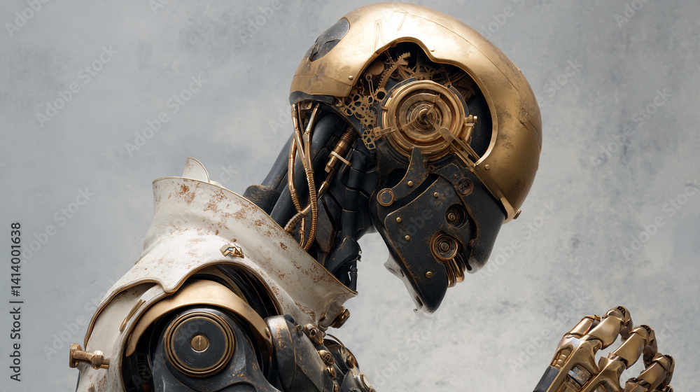 Poster futuristic robot concept art with gold accents for ai technology and robotics enthusiasts design ins