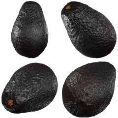 Four different angles of 3D Avocado with Dark Skin on Alpha Background