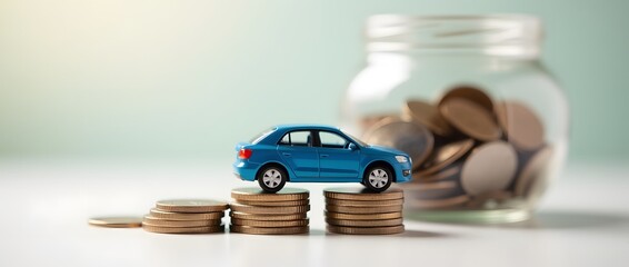 Miniature blue car with stacks of coins, symbolizing auto tax and insurance savings. A glass jar holds money for auto finance and loans. Savings concept designed for car-related financial planning.