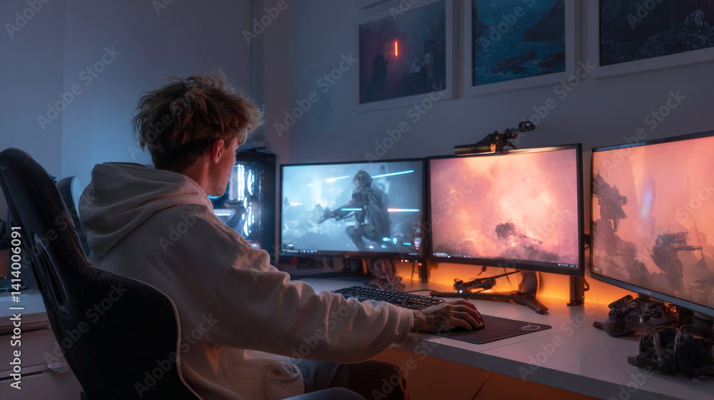 Poster gamer playing video games on multiple monitors at desk in room for esports and streaming setup