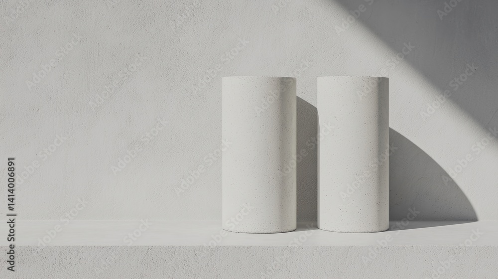 Poster two minimalist cylindrical objects cast soft shadows against a smooth, light-colored surface, highli