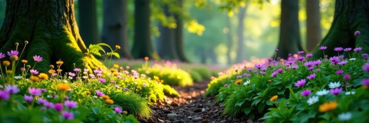 Forest floor covered in wildflowers amidst towering trees, flora, sprouts, tree roots