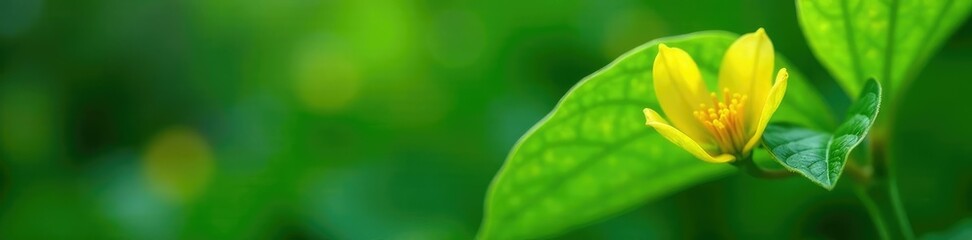 Obraz premium Green leaf with delicate yellow petals unfolding, tiny flowers, bloom