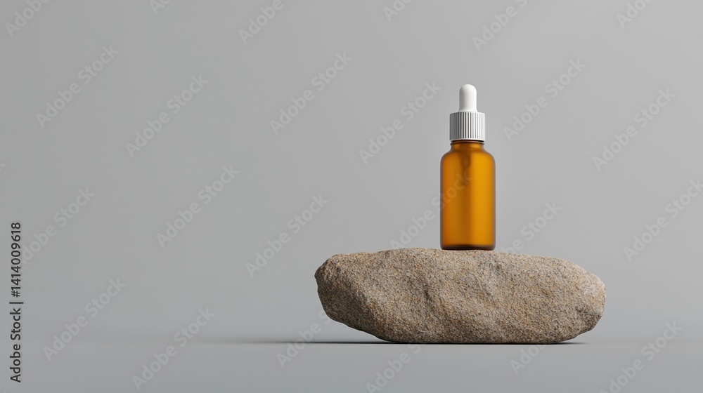 Poster a minimalistic image of an amber dropper bottle placed on a smooth stone against a neutral backgroun