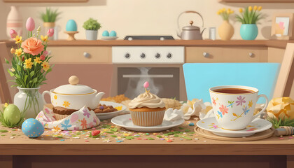 Obraz premium Cupcake and Tea Party Still Life with Kitchen Scene