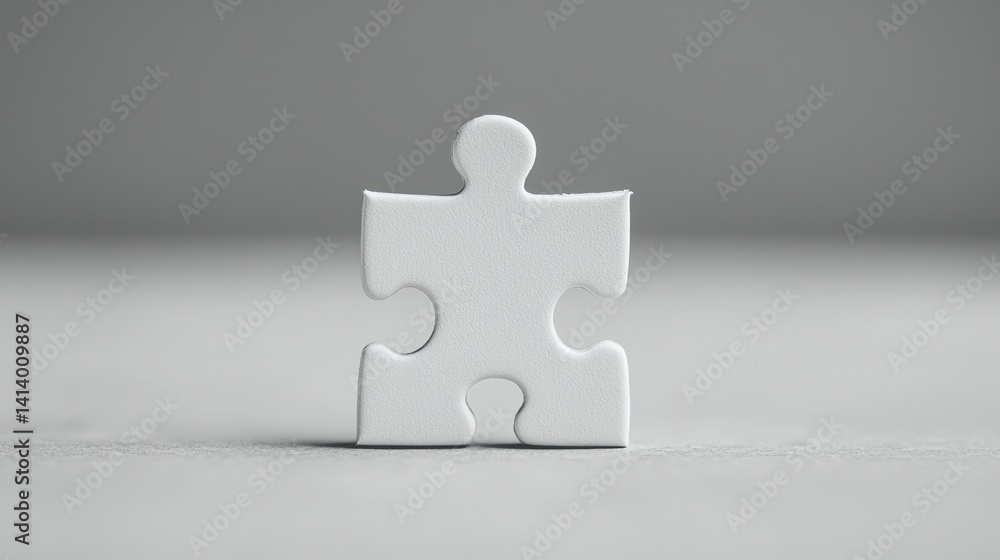 Poster a single white puzzle piece stands upright on a smooth surface, symbolizing uniqueness and the searc