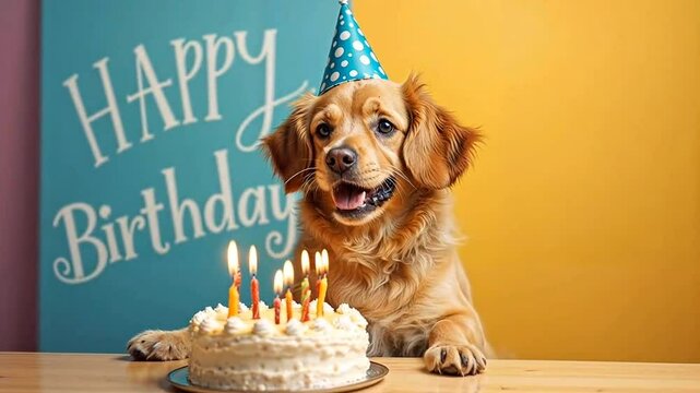 cute happy dog ​​in a birthday cap sits at a table in front of a cake with burning candles on a bright multi-colored background with the inscription HAPPY BIRTHDAY