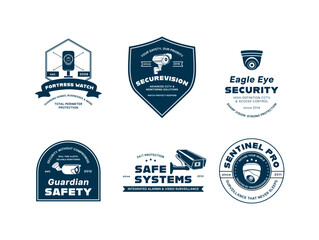 A set of six vector logos dedicated to security and safety systems, with a modern design emphasizing the importance of surveillance and protection