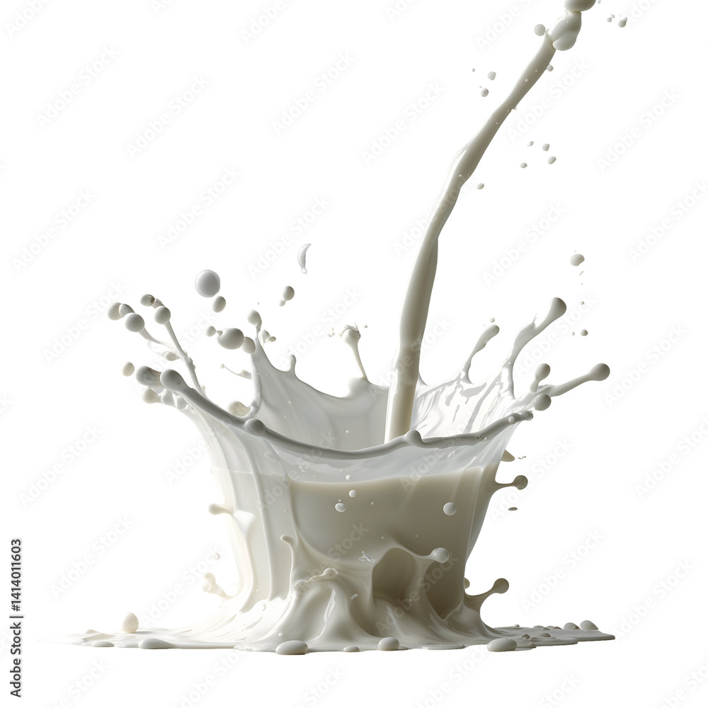 Poster white milk splash with glossy surface, fluid dynamics in motion, dynamic droplets captured in studio
