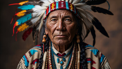 Photorealistic Portrait of a Native American Elder Wearing a Colorful Feather Headdress and Traditional Tribal Jewelry