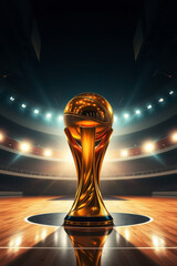 golden basketball trophy inside an arena