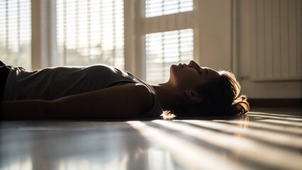 Mental Health Support and Depression Selfcare, A woman lies on the floor, illuminated by sunlight filtering through blinds.