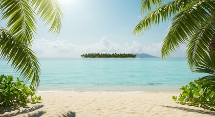Fototapeta premium Tropical Island View with Palm Trees and Blue Ocean