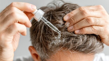 Back view of man applying anti-dandruff serum with dropper for healthier scalp