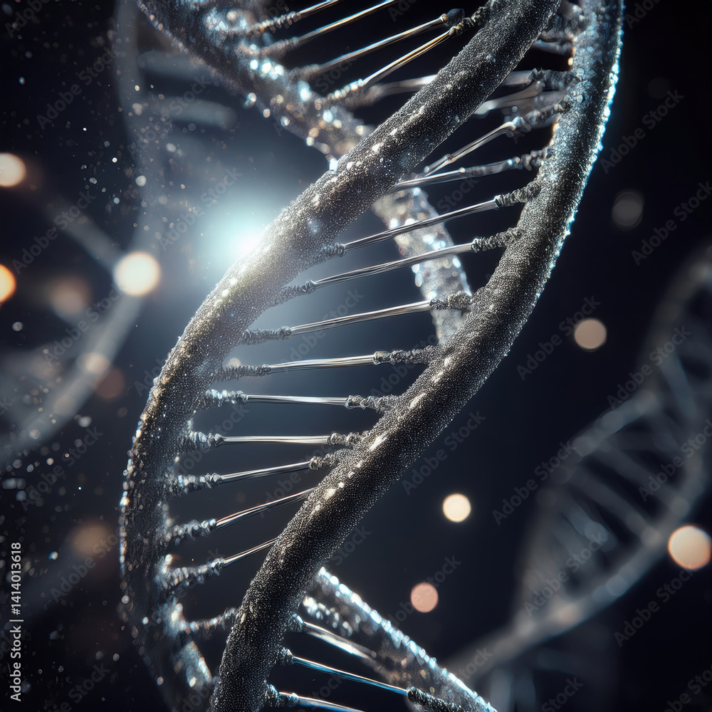 Poster intricate beauty of dna strands forms stunning helix structure that captivates imagination and highl