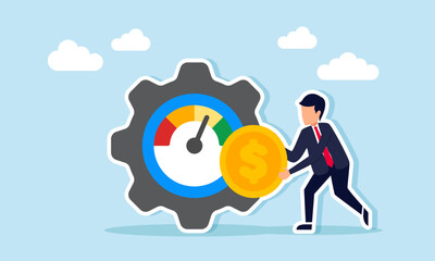 Businessman holding a dollar coin beside a gear with a speedometer, illustration of business financial performance to achieve better profit and operational growth