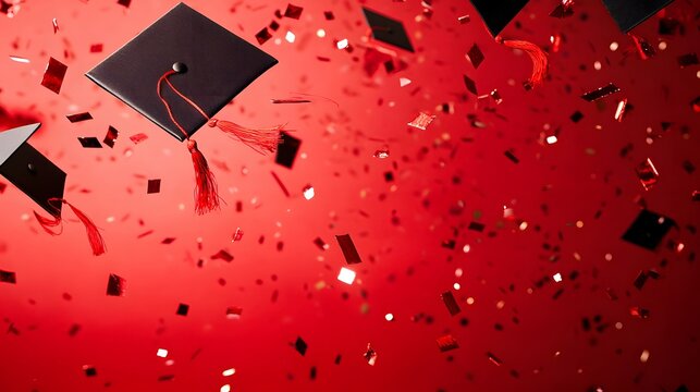 Graduation caps and confetti falling against a red background celebration concept. Red graduation background.