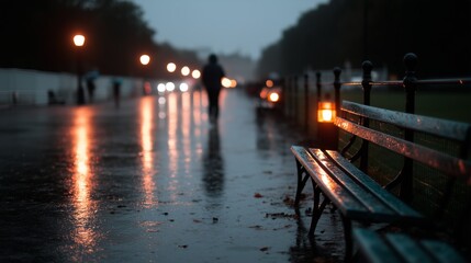 Fototapeta premium Silhouetted figure walks along wet path beside glowing streetlights and benches, creating a moody atmospheric scene.