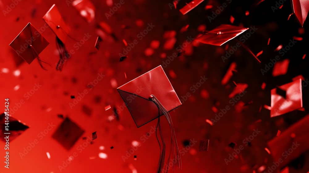 Wall mural abstract red and black background with floating geometric shapes and light effects. red graduation b