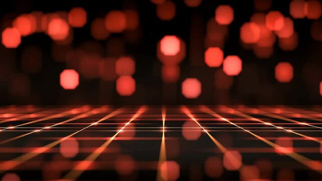 A glowing red grid appears to float beneath blurred, out-of-focus red lights.