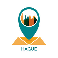 Netherlands, The Hague map pin point, geolocation, skyline shape vector logo, icon, isolated illustration. Holland townscape emblem with landmarks and building silhouettes
